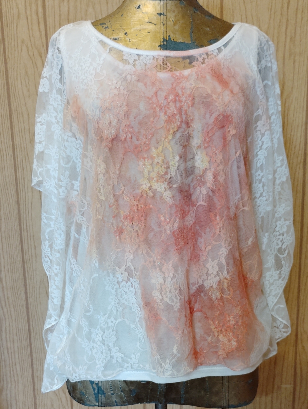 NAIF White Short-Sleeve Lace-Overlay Lined Top w/ Watercolor Floral Orange Print